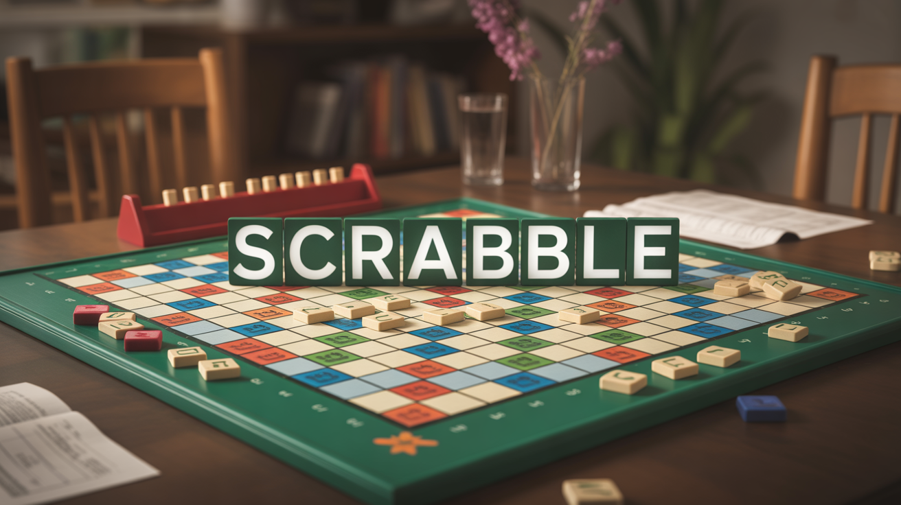 table de scrabble conviviale avec plateau, jetons et fiche de score