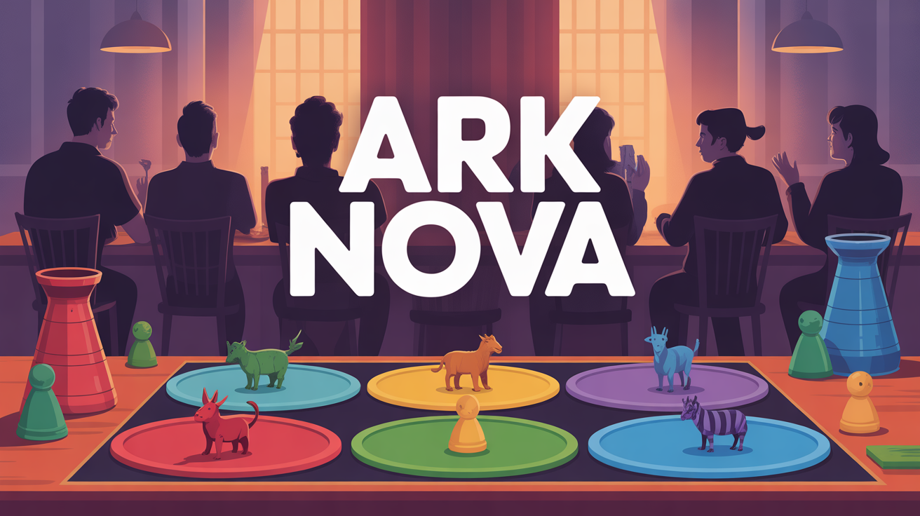 Vue stylisée table de jeu Ark Nova avec joueurs et cartes