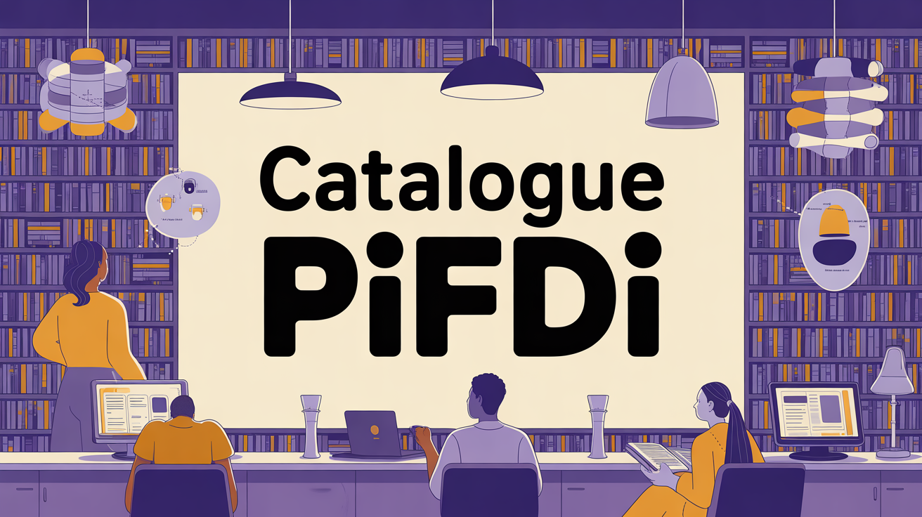 Page d'accueil du catalogue PIFDI, carrousels numériques, utilisateurs découvrant la bibliothèque