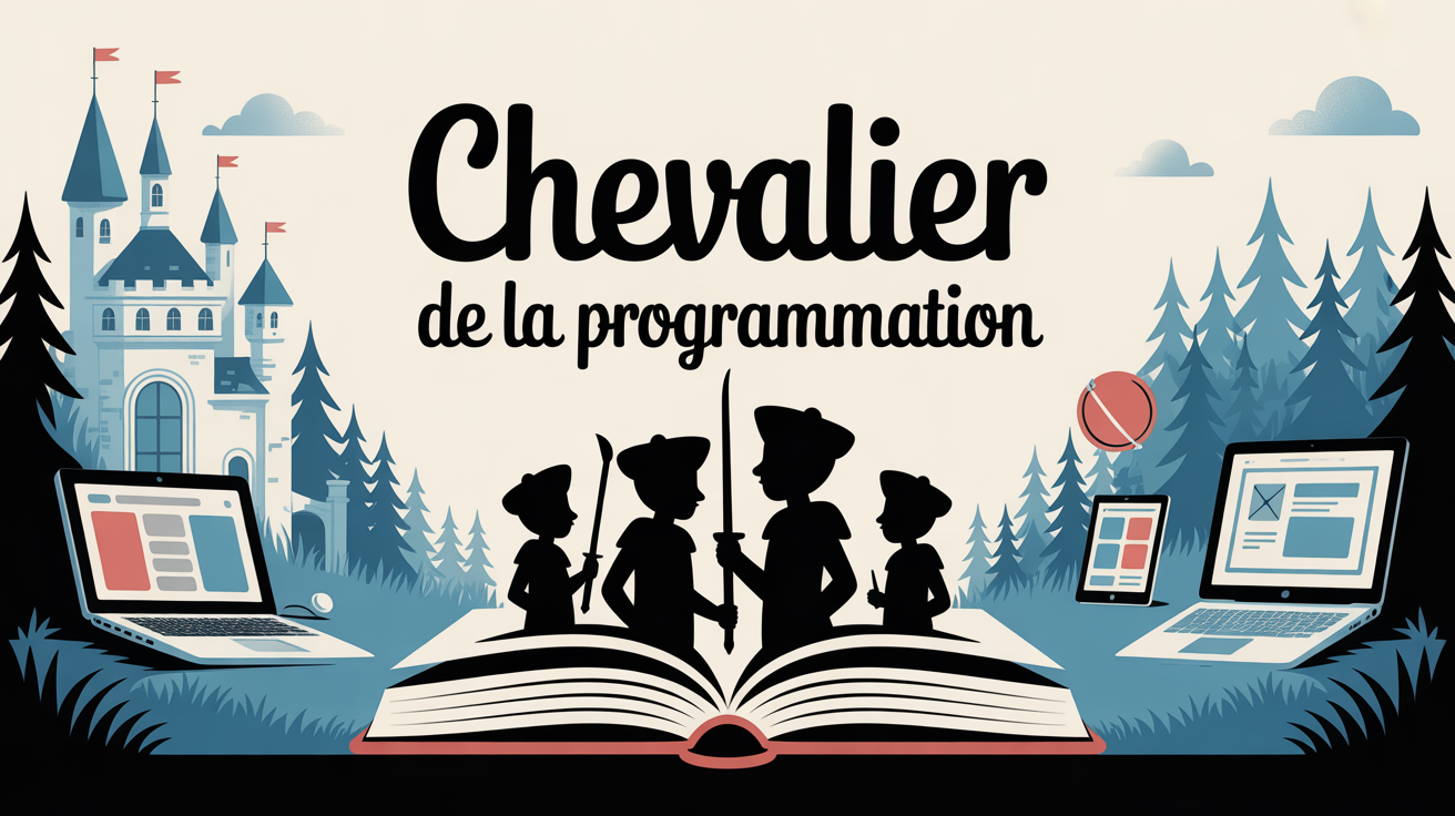 Bambini cavalieri intorno a un libro e computer davanti a un castello