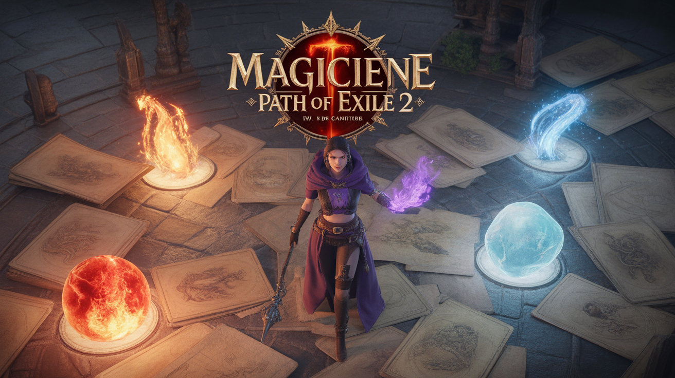 Magicienne Path of Exile 2 entourée d'orbes feu, froid, foudre
