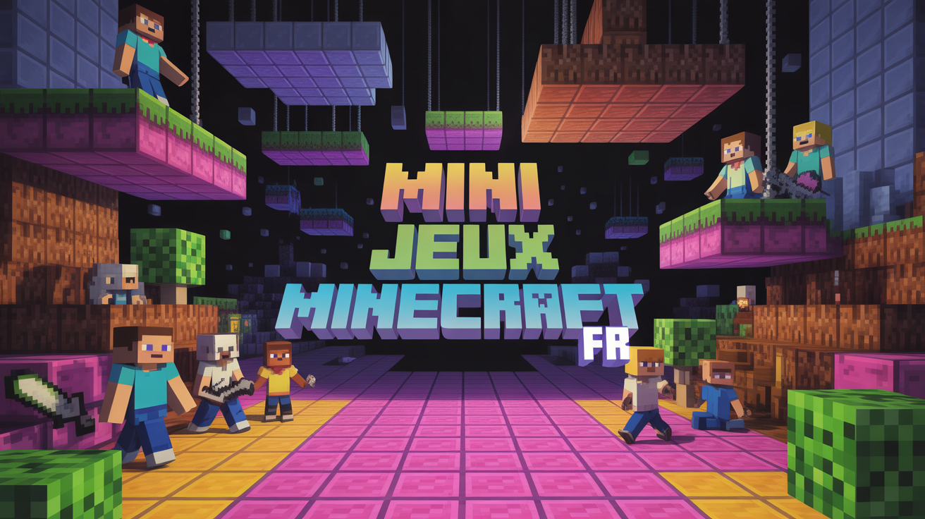 Mini jeux Minecraft FR plateforme multijoueur pixel-art colorée