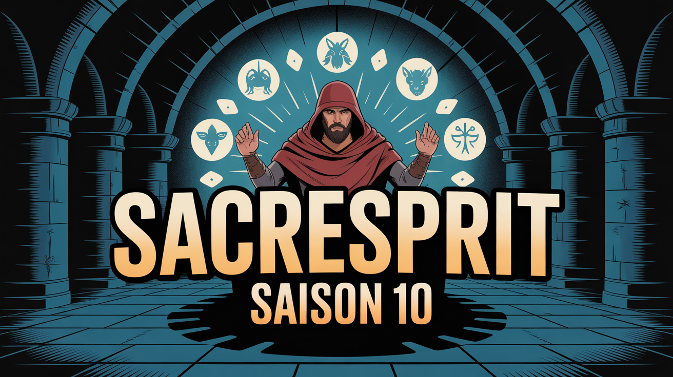Guerriero sacrospirito circondato da spiriti e glyph, titolo della stagione 10