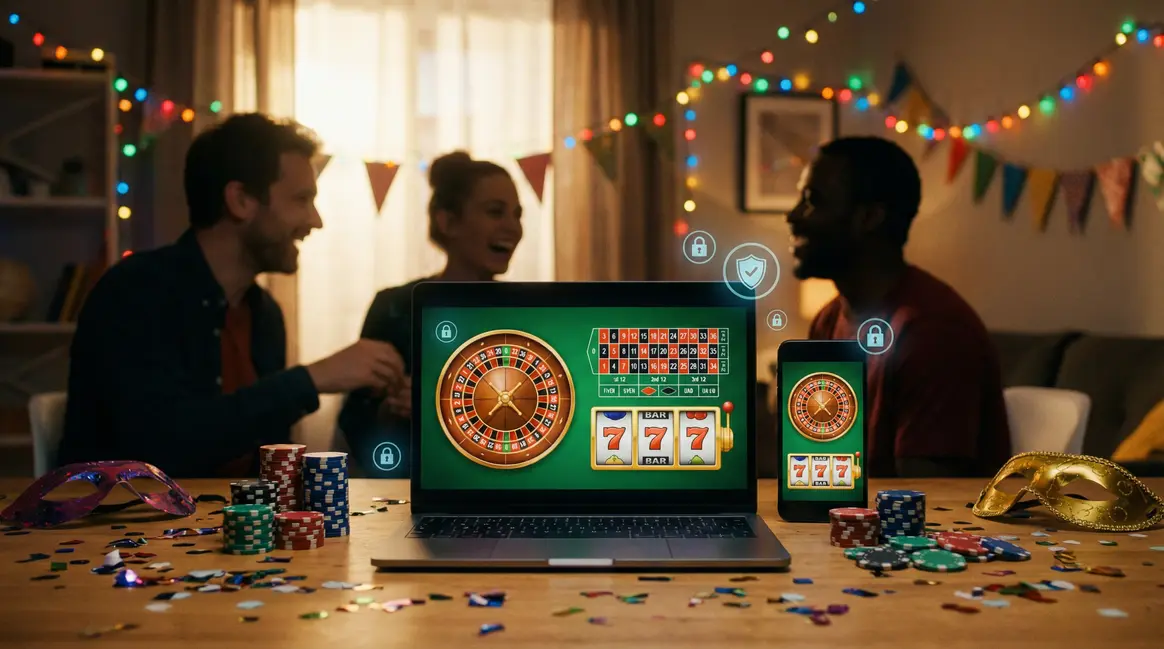 Arlequin Casino interface sur ordinateur et mobile, ambiance festive, sécurité numérique