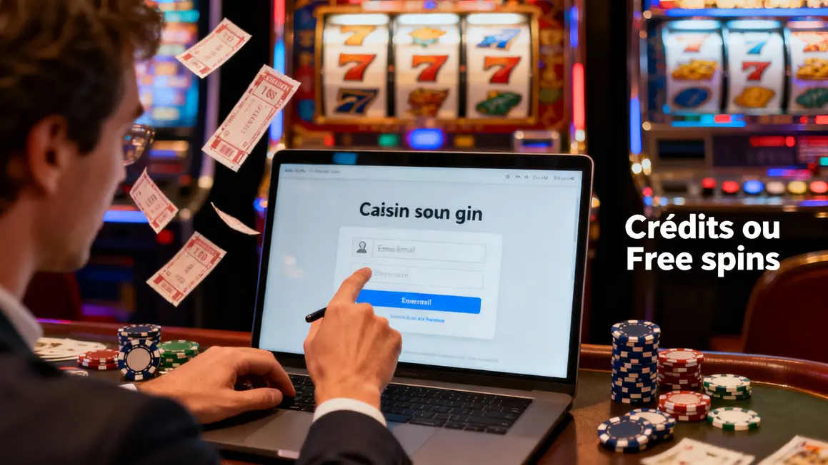 écran inscription casino, crédits et free spins, bonus sans dépôt
