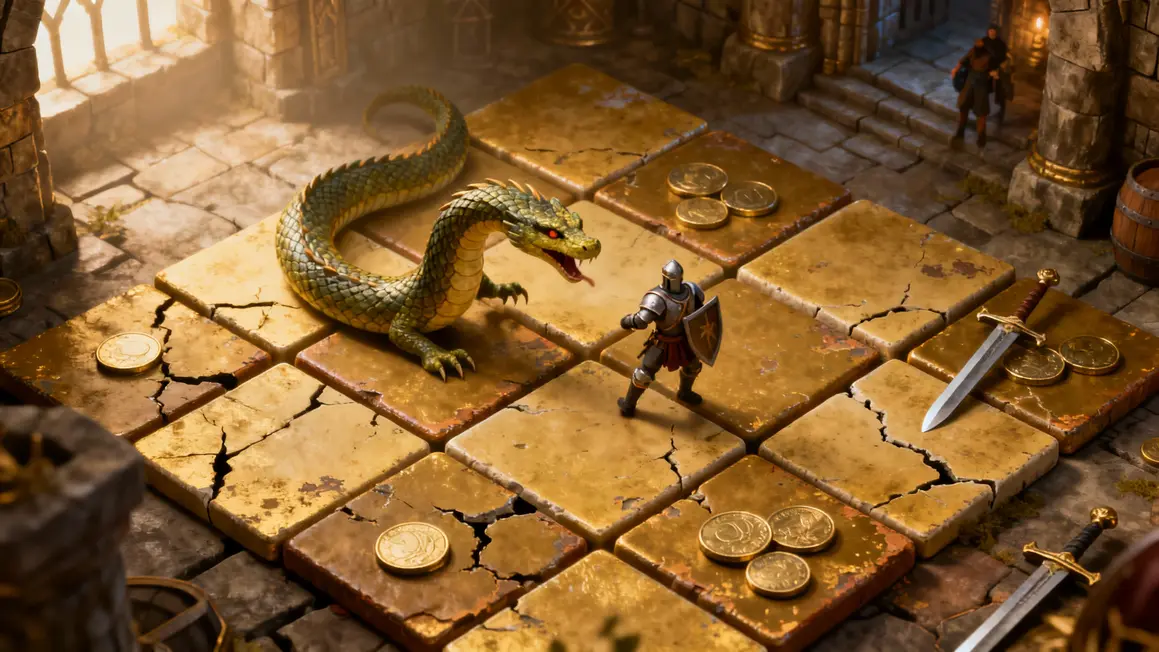 Vue plateau 5x5 serpent et chevalier dans donjon