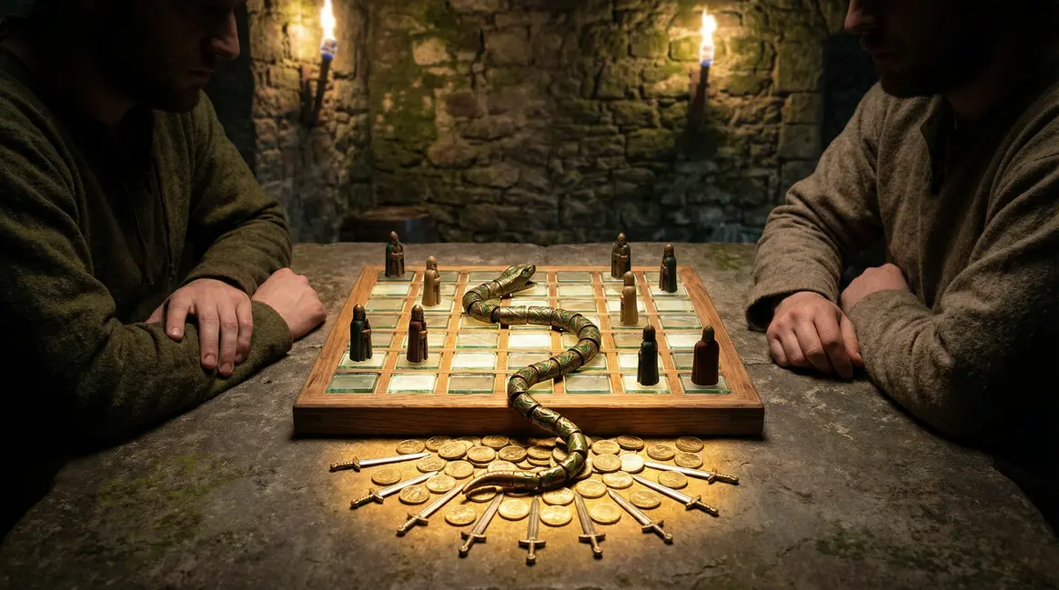 Serpent medieval sur grille 5x5 avec chevaliers et pieces