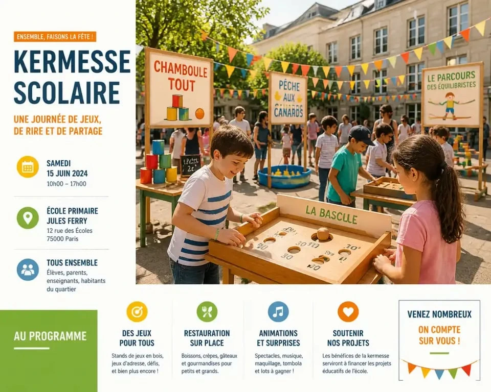 Idées de jeux pour kermesse scolaire dans une cour d'école animée