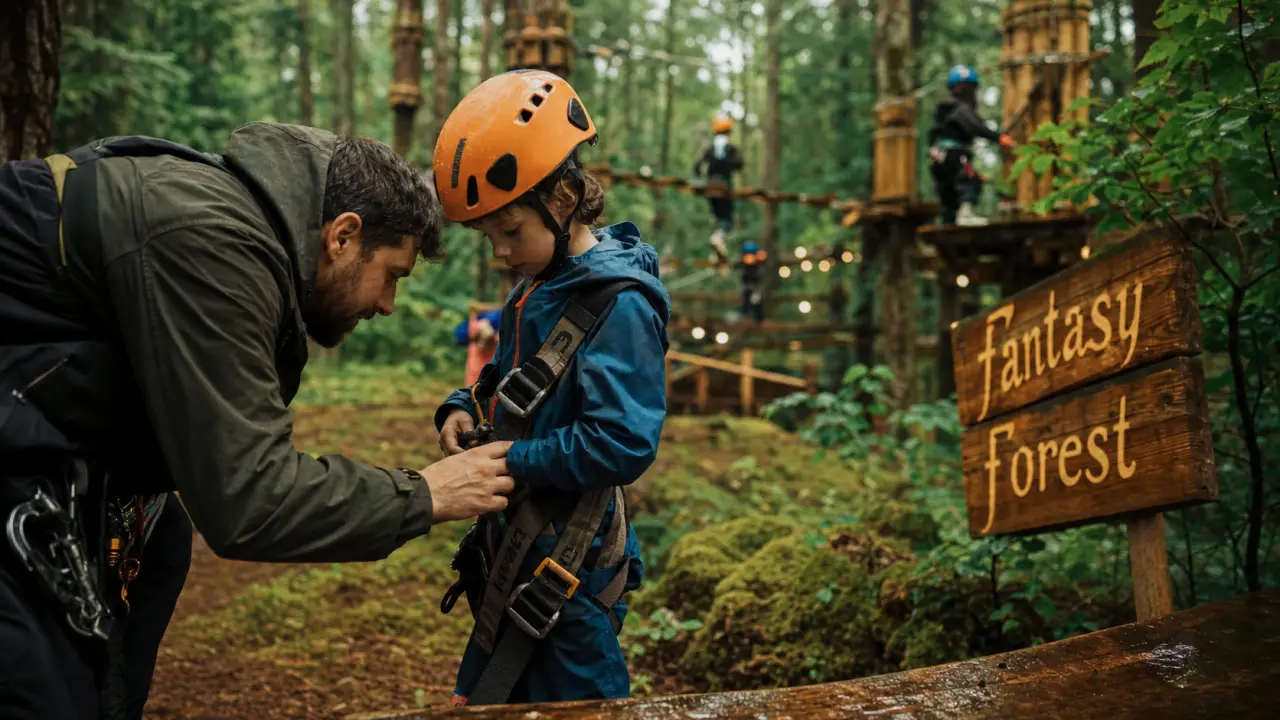 fantasy forest : tyrolienne en forêt, adulte aide enfant à s’équiper