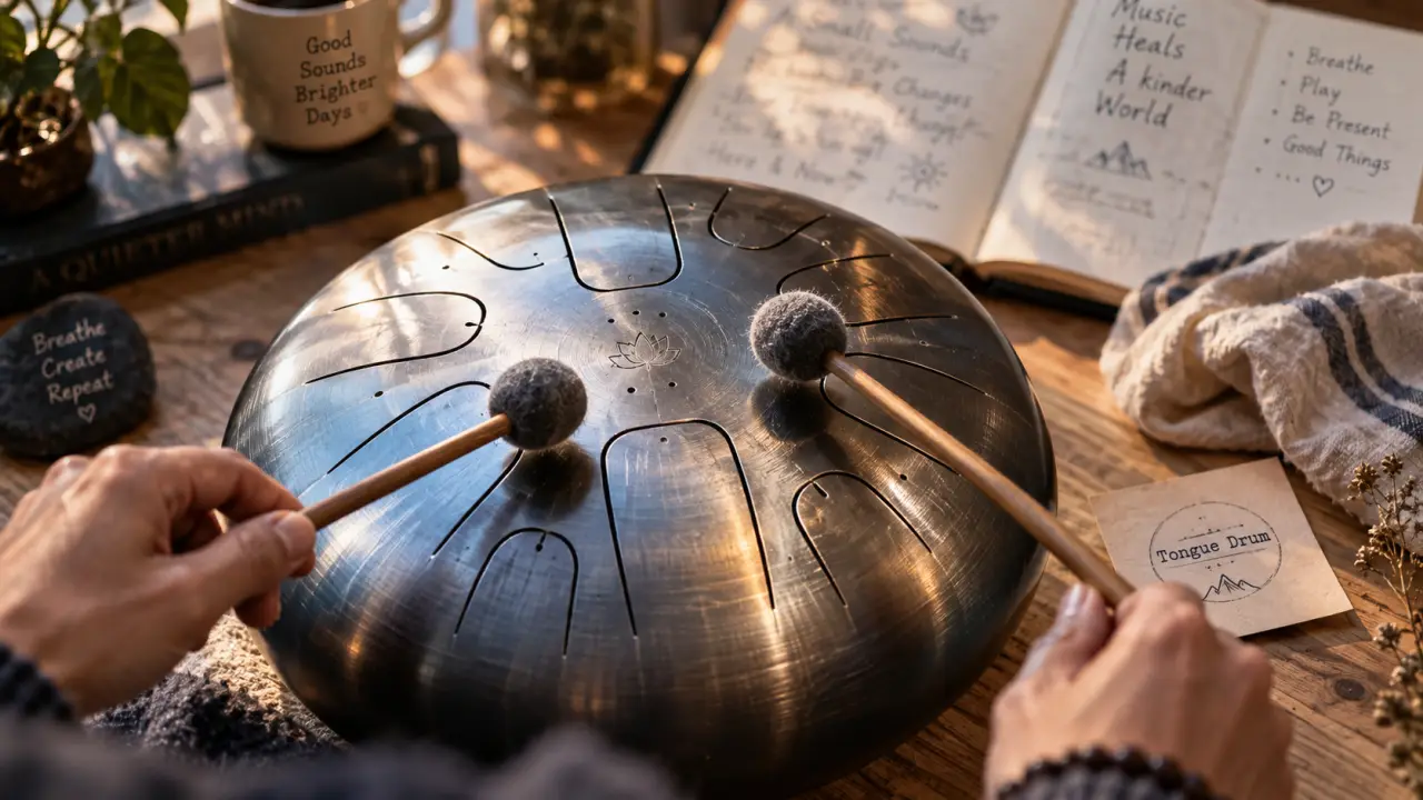 Tongue drum acier brossé, mains et mailloches, drum et langues métalliques